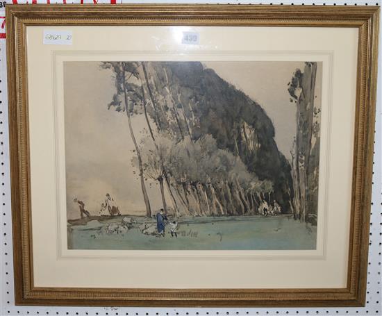 Frank Brangwyn, etching and aquatint, Road the Picardy, figures by poplar trees